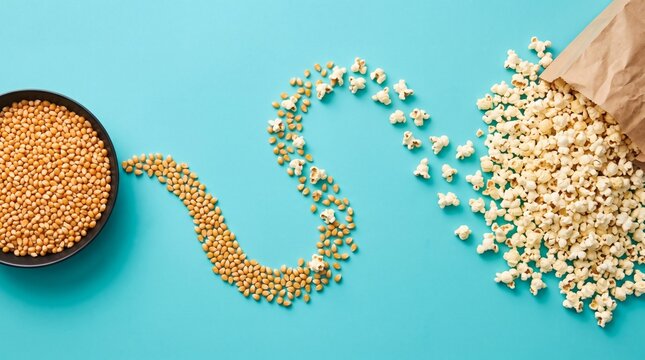 Popcorn kernels transforming into fluffy popcorn from a brown paper bag.