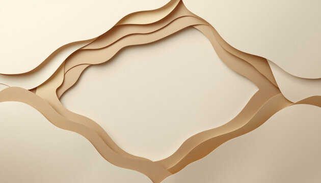 Abstract minimalist background featuring smooth layered papercut waves in warm beige and cream tones with soft curved shapes and clean negative space in the center