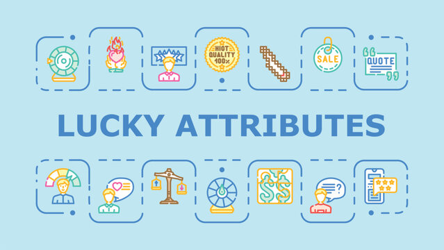 Lucky attributes banner infographic. Reward charm, talisman jackpot, synchronicity optimism icon vector illustration