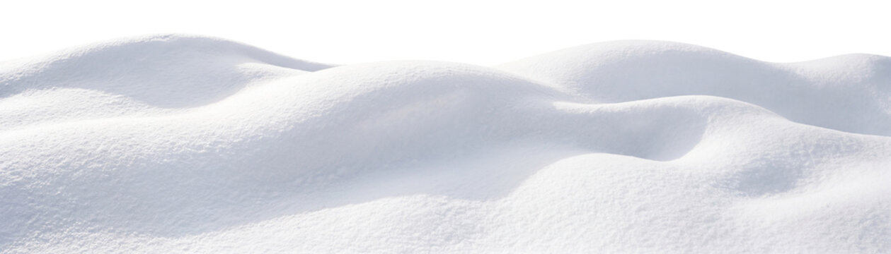 Isolated panoramic rolling snowdrifts with soft curved shadows. Winter landscape banner.