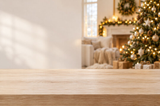 Empty wooden tabletop with blurred Christmas lights in a cozy home