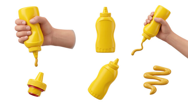 Set of yellow mustard squeeze bottles, hands holding bottles, and swirls of mustard condiment on white background, isolated on a, transparent
