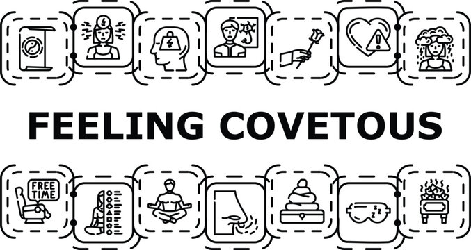 Feeling covetous banner infographic. Wanting avarice, greed ambition, envying coveting icon vector illustration