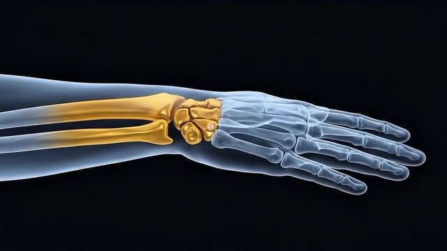 3D medical animation showing a human hand with the carpal bones and wrist joint highlighted in gold to represent anatomical study or potential injury.