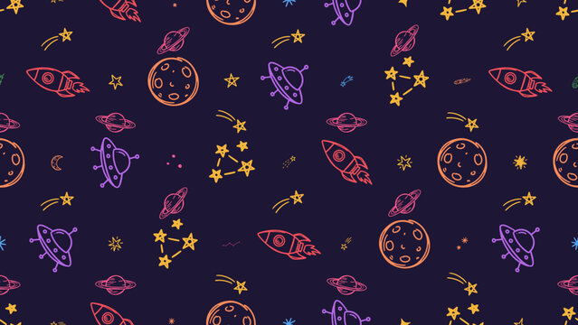 Space seamless pattern featuring hand drawn doodle planets rockets and UFOs on dark background