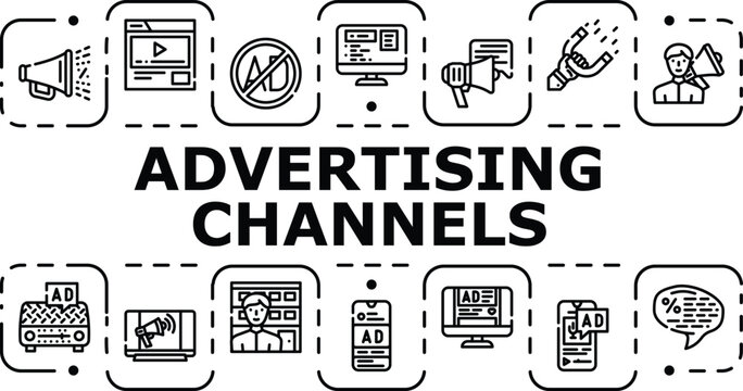 Advertising channels banner infographic. Referral digital, outdoor podcast, banner display icon vector illustration