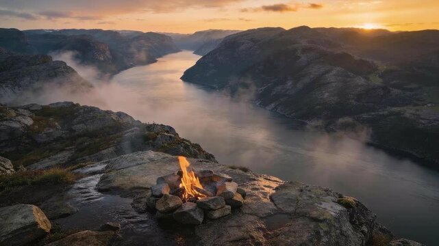 Sunset over the river with a campfire on a rocky ledge in Norway