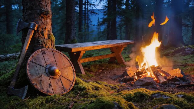 Campfire in forest with axe and shield at night