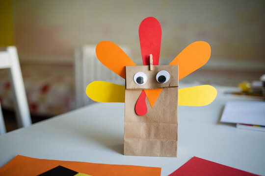 paper craft for kids. DIY Turkey made from packaging gift bag box for thanksgiving day. create art for children