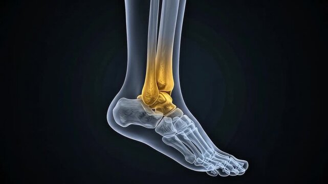 3D anatomical visualization of the human foot and ankle joint with the distal tibia and fibula highlighted in gold against a dark background
