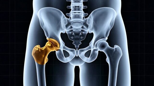 3D medical animation of a human skeletal pelvis showing a gold hip joint prosthesis in motion, illustrating orthopedic hip replacement surgery and joint implant technology