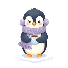 Fototapeta premium Penguin with Lavender Scarf Holding Hot Cocoa