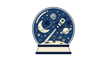 Space Exploration Snow Globe Vector Illustration Featuring Astronaut Rocket Ship Moon and Planets in Flat Design Style © PixelHorizon