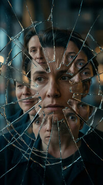 Concept of identity fragmentation with a face in cracked mirror