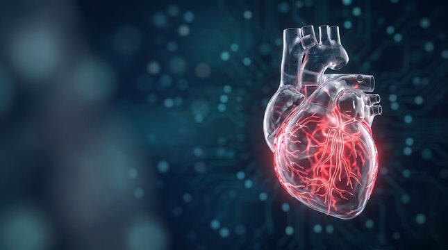 Futuristic 3D human heart medical visualization glowing with red data network and technology background