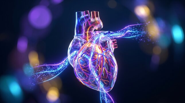 Futuristic Digital Human Heart Illustration with Glowing Neon Lights and Medical Holographic Effects for Cardiology and Healthcare