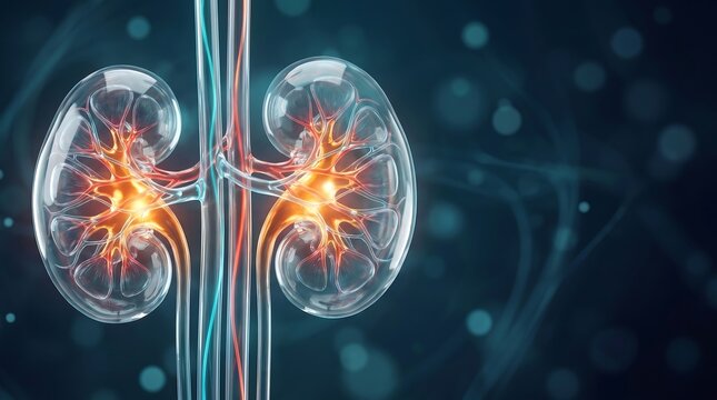 Glowing 3D model of human kidneys depicting renal anatomy and urinary system for medical science concept