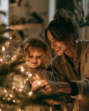 Joyful moments shared while decorating a Christmas tree with family in a cozy, warmly lit living room