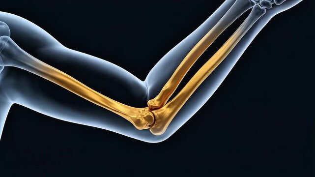3D medical animation of the human elbow joint showing the flexion and extension movement of the humerus radius and ulna bones