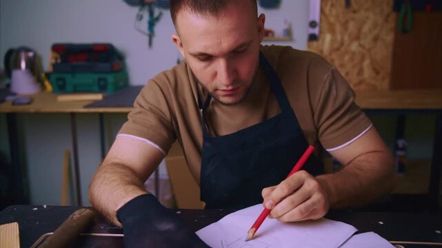 Focused craftsman sketches plans in workshop. Determined worker marks designs on paper with red pencil. Tools and wood visible in background. Ideal for DIY, construction, or artisan projects