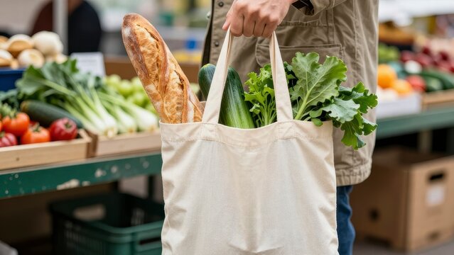 Person holding eco-friendly shopping bag with fresh vegetables and bre