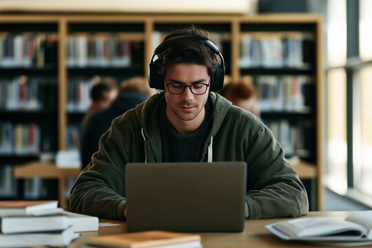 Focused student immersed in studies in a library, wearing headphones and working on a laptop