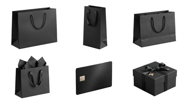 Set of black shopping bags, gift box with ribbon, and a credit card for retail branding and luxury packaging isolated on a transparent background