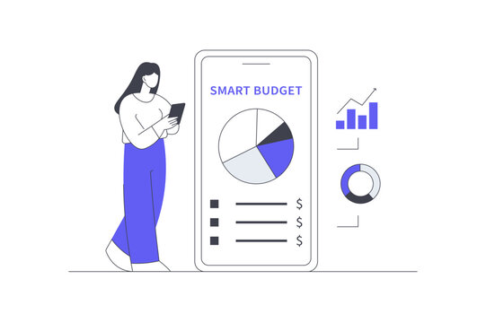 Budgeting App Smart Budget Management and Personal Financial Planning. Female Specialist Holding Phone Displaying Smart Budget Pie Chart Bar Graph and Money Dollar. Flat Cartoon Vector Illustration
