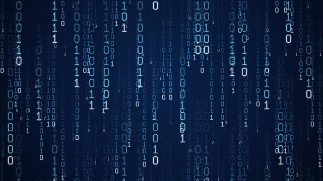 Digital binary code falling on dark blue background