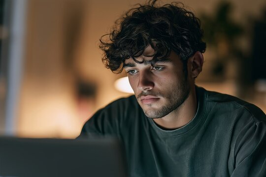 Focused young man working on a laptop in a cozy indoor setting during the evening