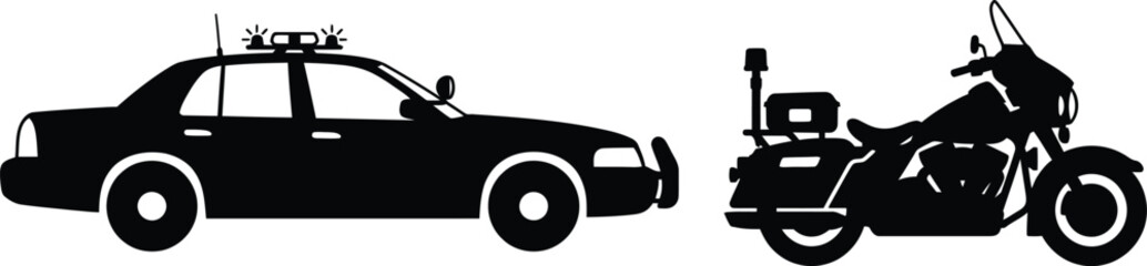 Solid black silhouette of a police car and motorcycle on a white background © MD Rubel