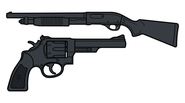Revolver Handgun and Shotgun Weapon Icons, Bold Outline Vector Clipart