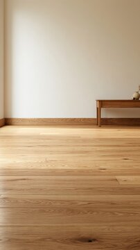Warm wooden floor with simple furniture in a serene, minimalist room
