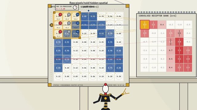 Educational animation demonstrating hierarchical feature extraction in a convolutional neural network, showing spatial sensors processing raw pixels through convolution, ReLU, and max pooling layers