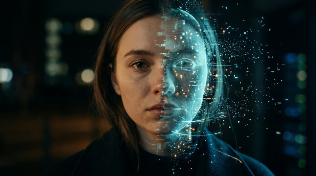 Concept of deepfake with a woman's face half wireframe mesh