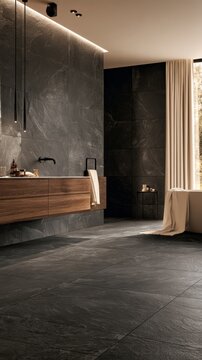 Elegant modern bathroom design featuring dark stone tiles and warm wooden accents