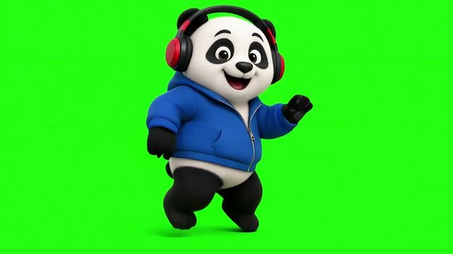 A 3D animated panda wearing a blue hoodie and red headphones cheerfully dances against a vibrant green screen background. 