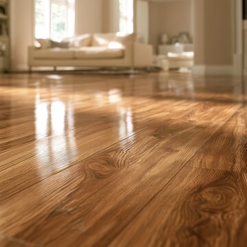 Warm sunlight dances on polished wooden floors in a cozy living room setting, inviting relaxation and comfort