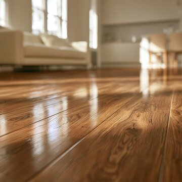 Sunlight dances on polished wooden floors in a cozy, modern living space