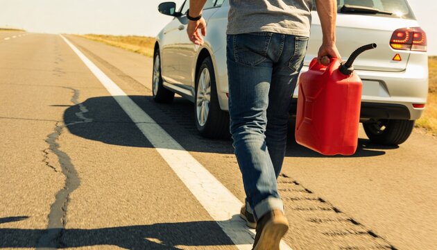 Man carrying red gasoline canister walking along asphalt highway shoulder away from broken down silver car after running out of fuel