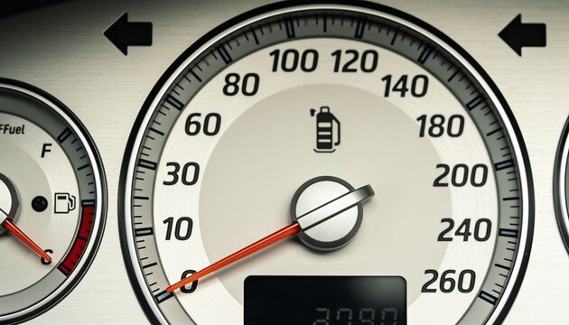 Close up of a modern car speedometer and fuel gauge on a brushed silver dashboard, displaying zero speed on the instrument cluster for automotive concepts