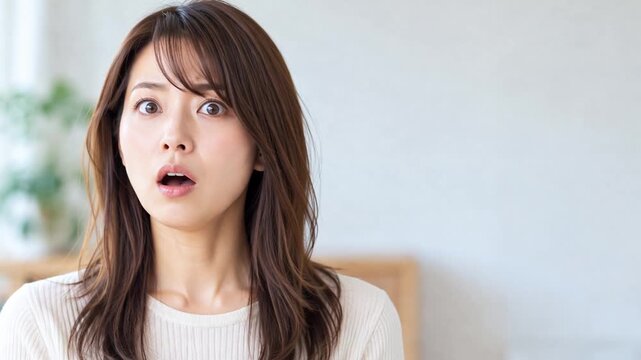Young Japanese woman frozen in astonishment and shock, speechless reaction stock footage