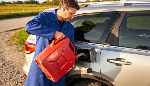 Male mechanic in blue workwear pouring fuel from red jerry can into silver car tank on countryside roadside during breakdown service assistance