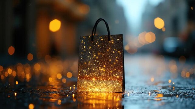 Glittering shopping bag stands rain soaked urban street at night