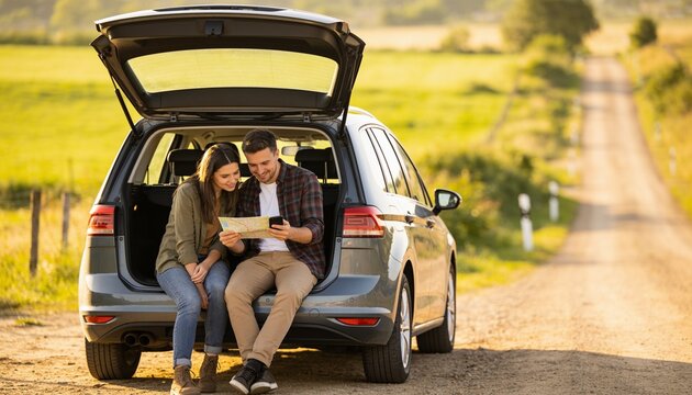 Happy young couple sitting in open car trunk looking at paper map and smartphone while planning road trip route on rural countryside dirt road