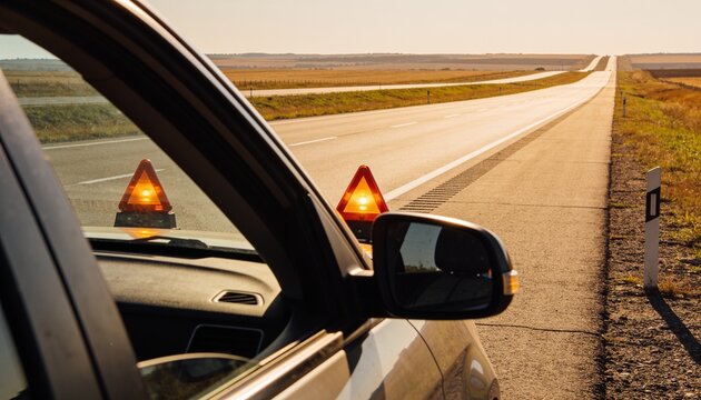 Broken down vehicle stopped on rural highway shoulder with illuminated emergency warning triangles placed on asphalt road for safety at sunset