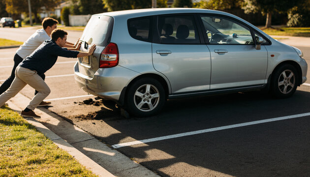 Two young men pushing a stalled silver hatchback car together in a sunny suburban parking lot, demonstrating teamwork and roadside assistance