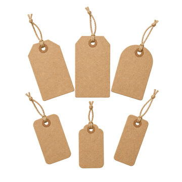 Set of blank kraft paper gift tags with twine strings isolated on transparent background