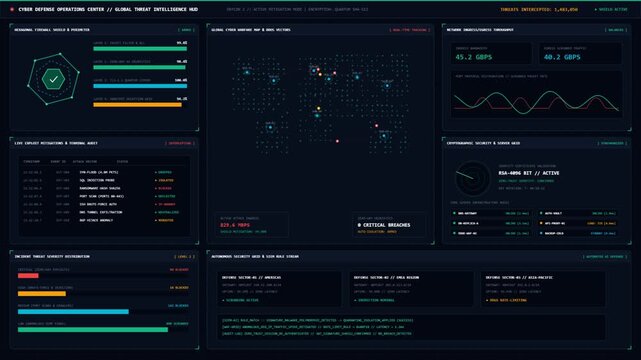 Futuristic cyber security operations center SOC HUD dashboard motion graphics featuring global holographic threat map with DDoS laser arcs, rotating hexagonal firewall shield, live incident exploit lo