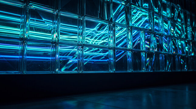 Abstract glass wall with blue and cyan digital reflections. Cybersecurity and data protection concept. Corporate technology background with copy space. Network security illustration.
